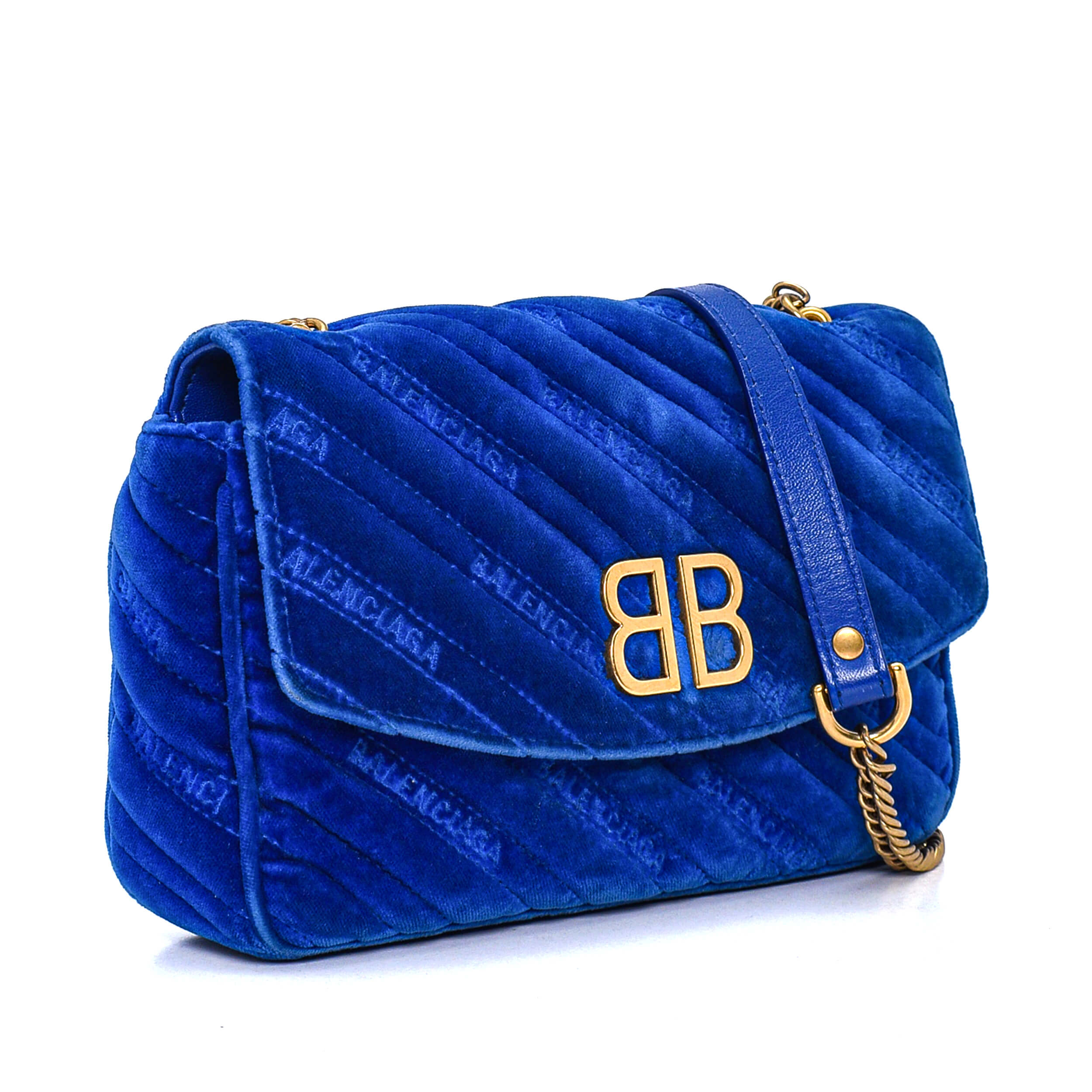 Balenciaga - Blue Velvet BB Logo Chain Strap Crossbody Bag